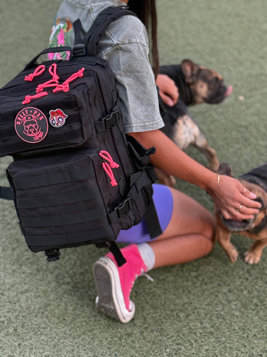 Mochila Bullypak 25 Litros Negra lazos Rosa flúor (Premium)